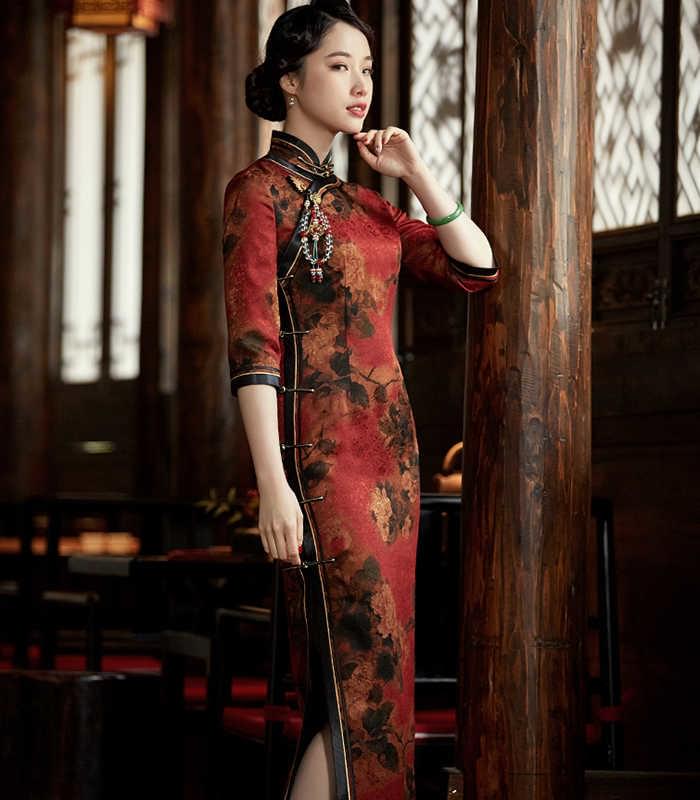 復古中國風花羅真絲香雲紗七分袖長款旗袍連衣裙