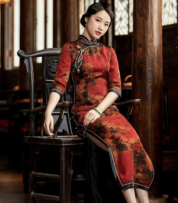 復古中國風花羅真絲香雲紗七分袖長款旗袍連衣裙