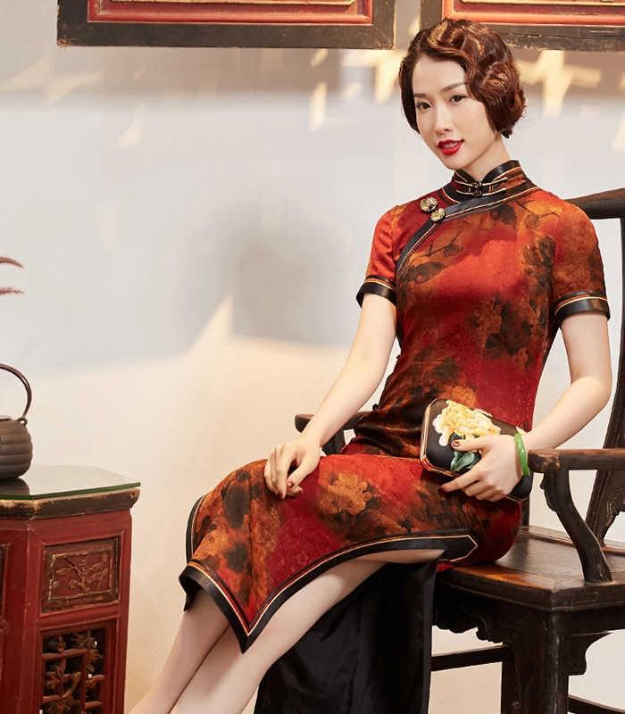 復古中國風花羅真絲香雲紗七分袖長款旗袍連衣裙