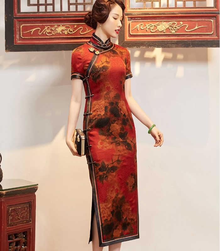 復古中國風花羅真絲香雲紗七分袖長款旗袍連衣裙