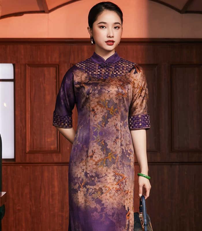 冬季女中國風香雲紗高端長款旗袍連衣裙