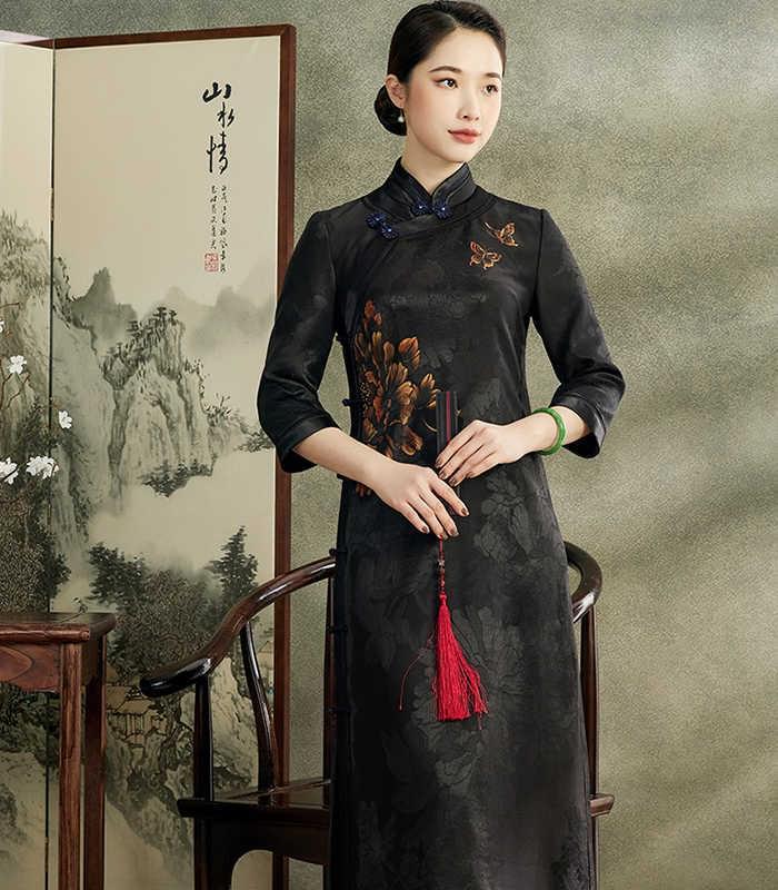 手繪重緞提花中國風復古真絲香雲紗七分袖長款旗袍連衣裙女